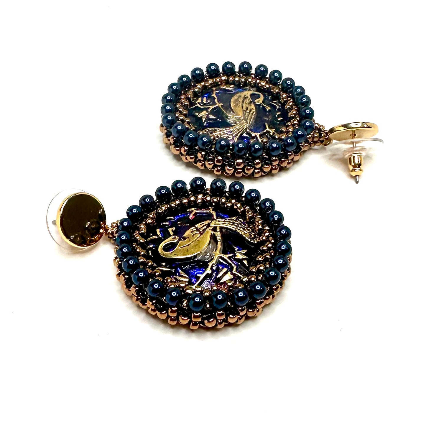 Czech Button Earrings | Peacock Dark Blue/Purple
