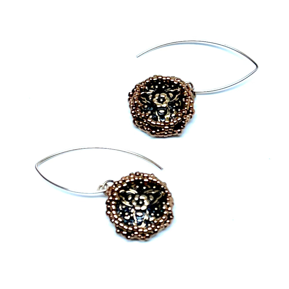Vintage Style Czech Button Earring | Petite | Black Floral Pattern