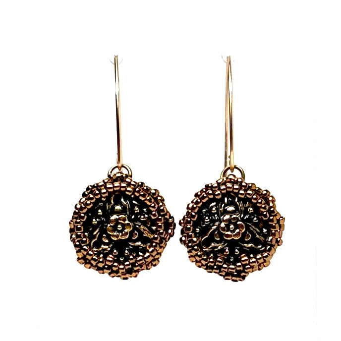 Vintage Style Czech Button Earring | Petite | Black Floral Pattern
