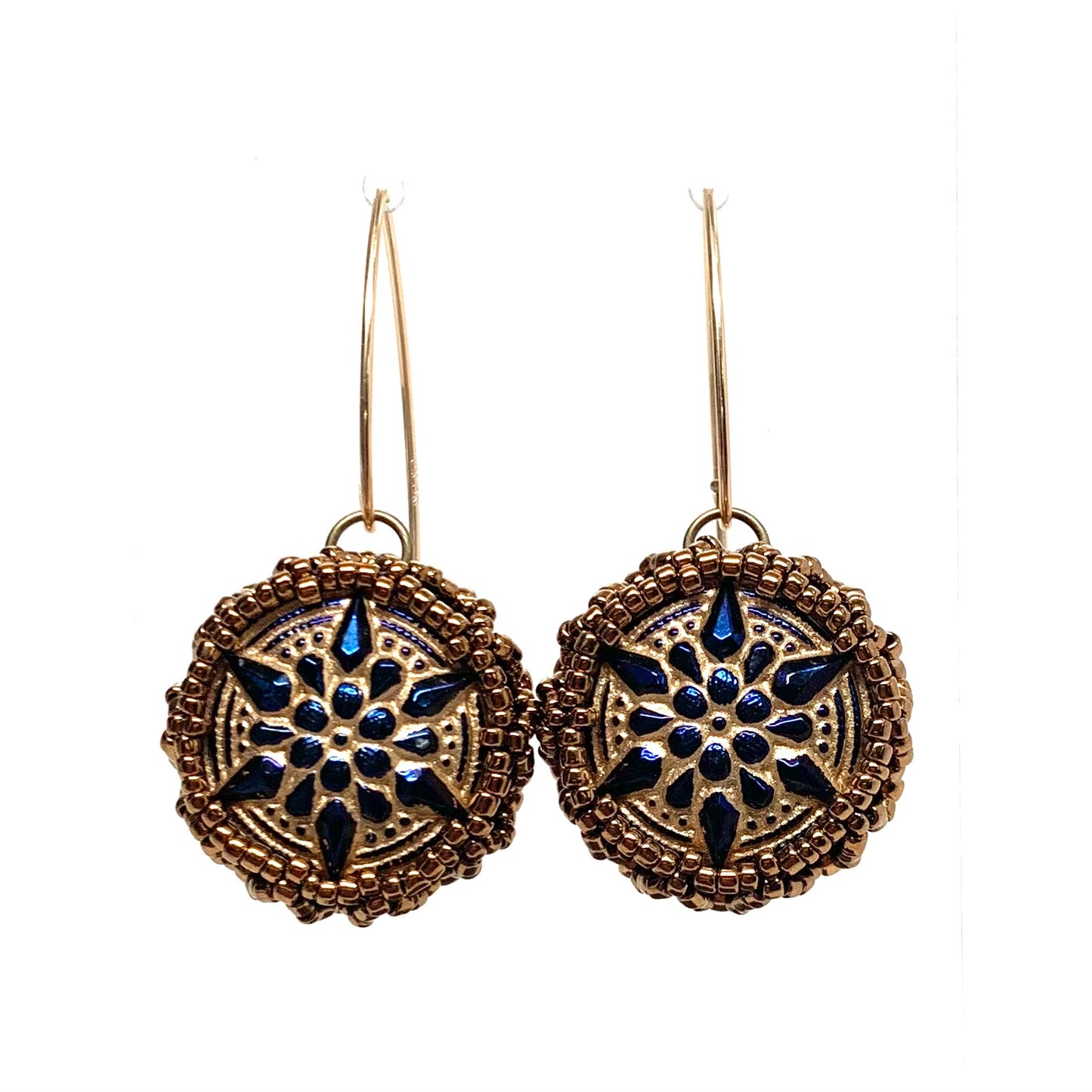Vintage Style Czech Button Earrings | Arabian Star | Gold and Cobalt