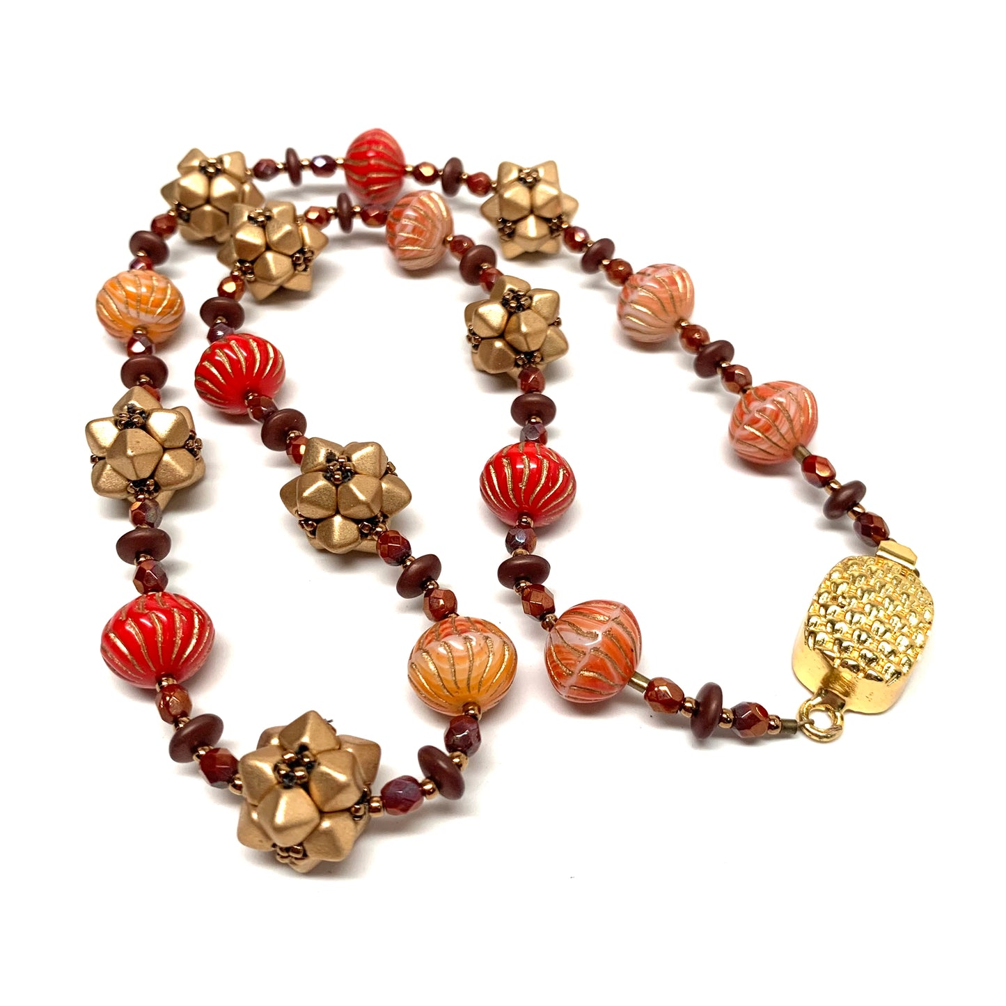Geometric Beaded Bead Necklace - Warm Orange and Matte Gold Mix