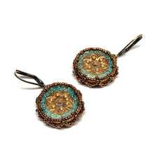 Load image into Gallery viewer, Vintage Style Czech Button Earrings | Persian Star Green
