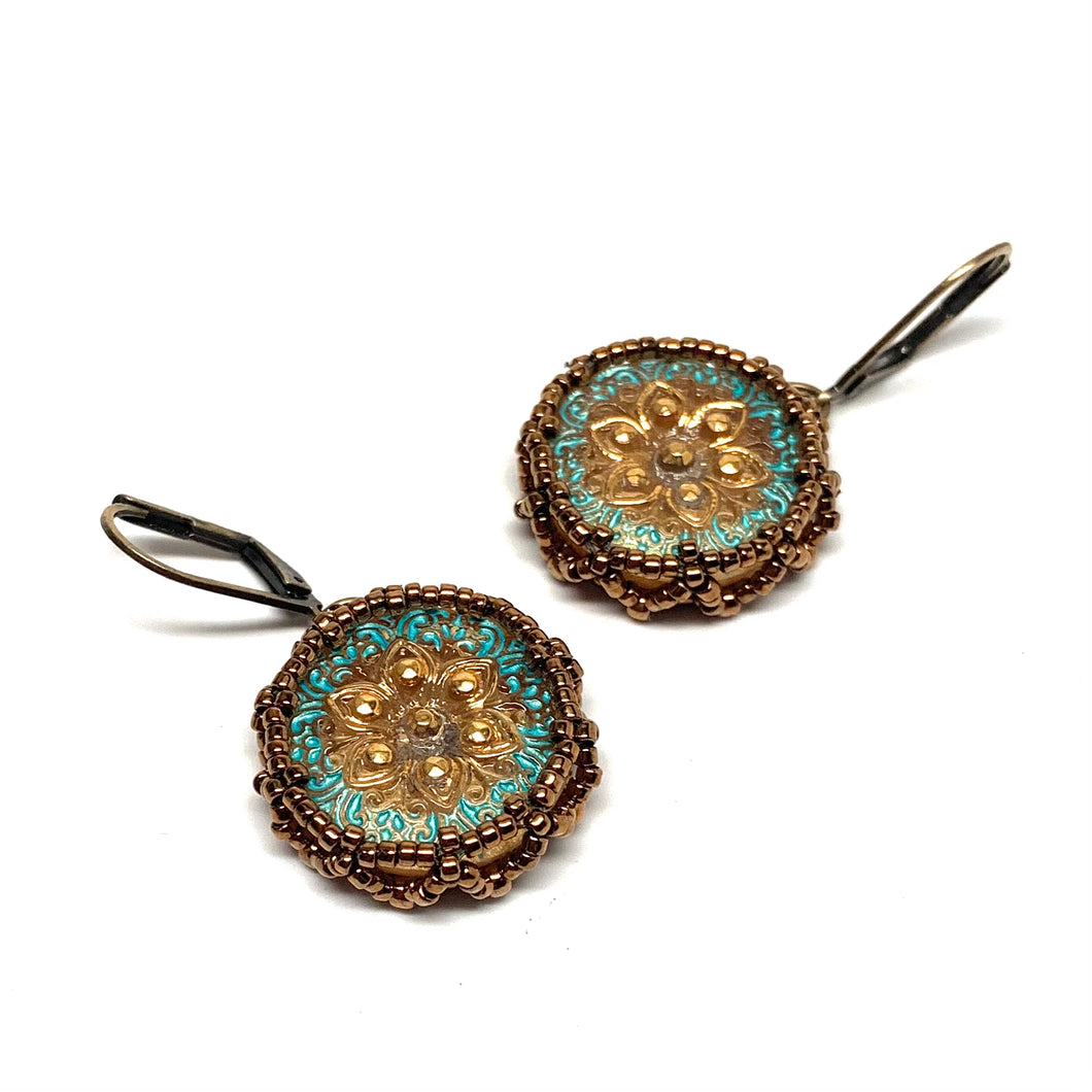 Vintage Style Czech Button Earrings | Persian Star Green