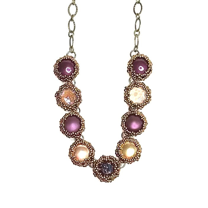 Bezel Set 9 Stone Necklace | Burgundy with Gild