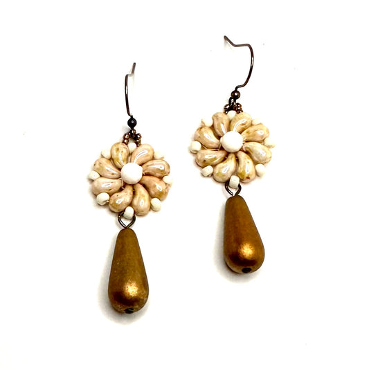 Czech Flower Earrings with Drop | Cream and Matte Gold