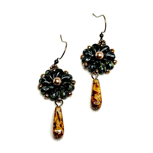 Czech Flower Earrings with Drop | Black and Cream Picasso