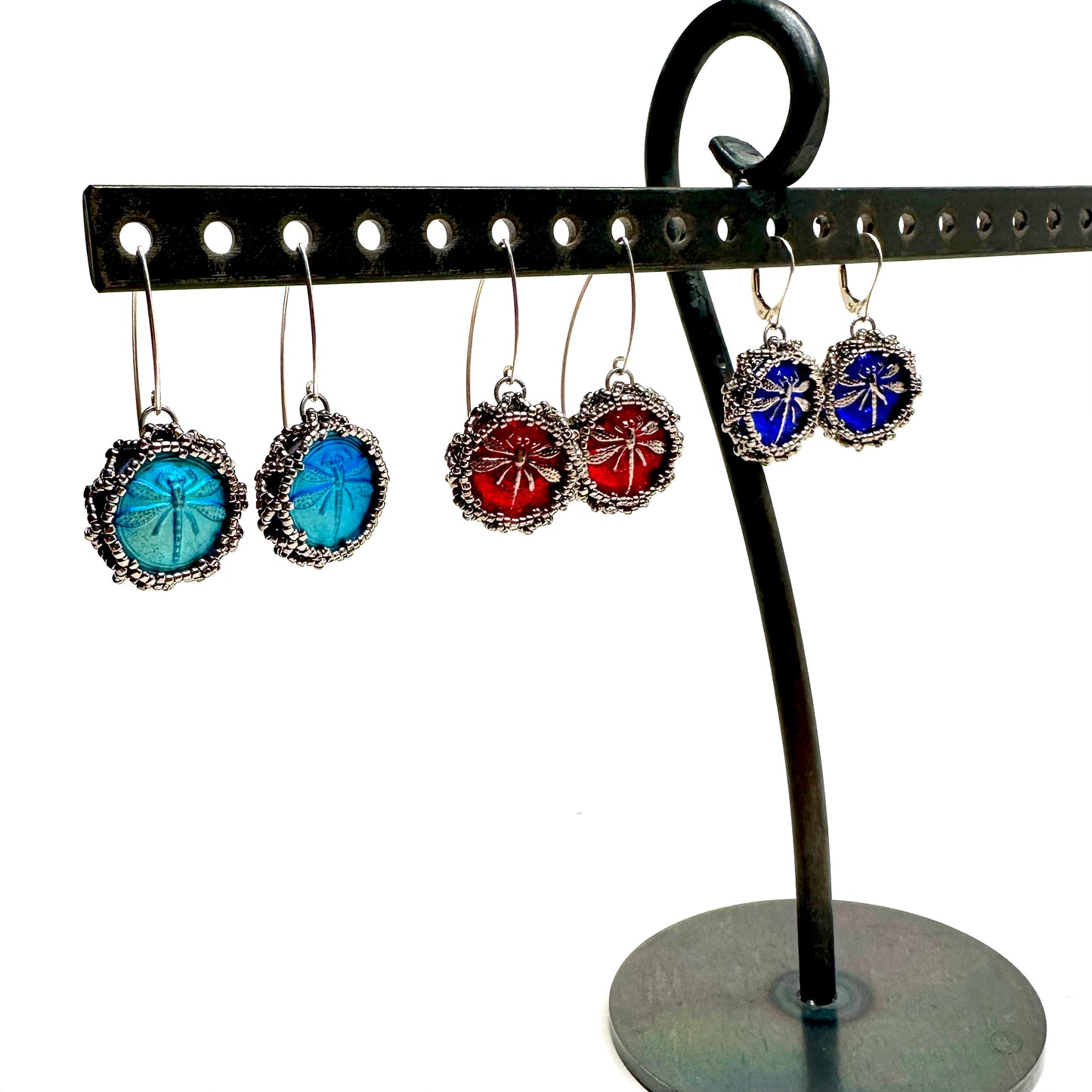 Dragonfly Czech Button Earrings - Assorted Colors