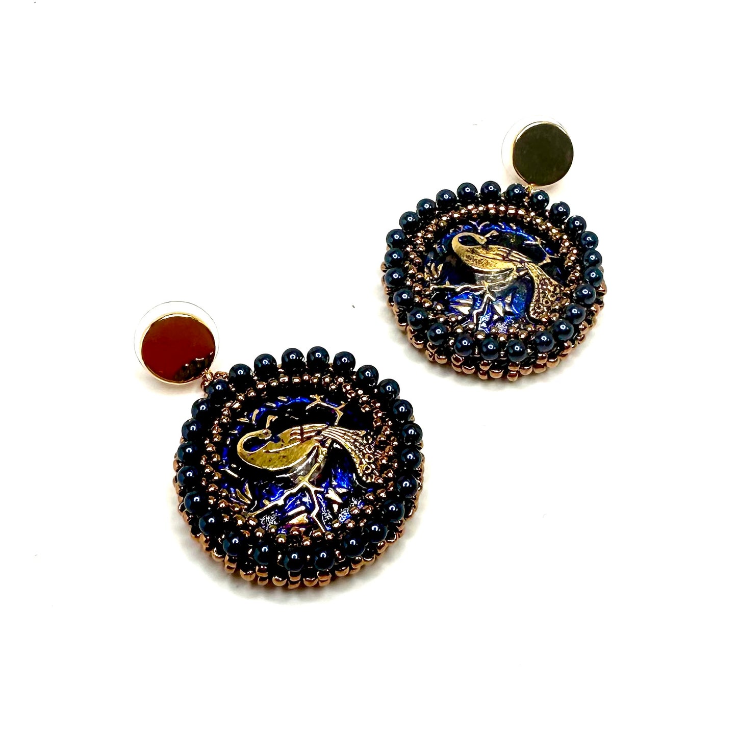 Czech Button Earrings | Peacock Dark Blue/Purple