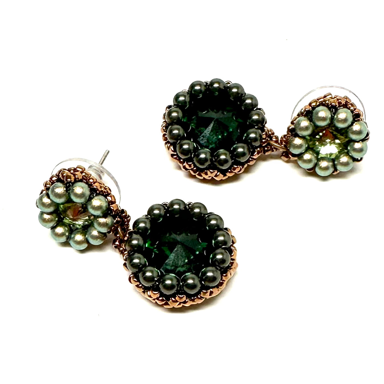Beaded Pearl Post Earrings | Green Double Drops