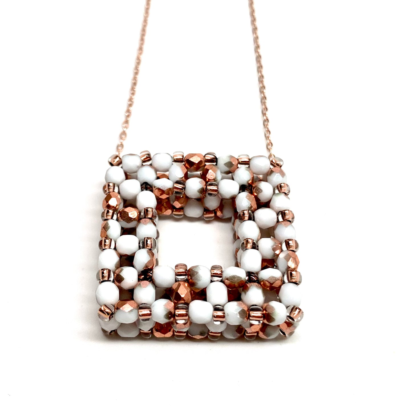 Square Beaded Bead Pendant | White and Rose Gold