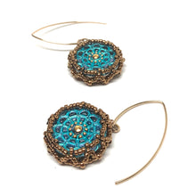 Load image into Gallery viewer, Mandala Pattern Czech Button Earring | Turquoise with Gold Accent
