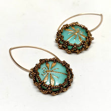 Load image into Gallery viewer, Vintage Style Czech Button Earrings | Dragonfly | Green
