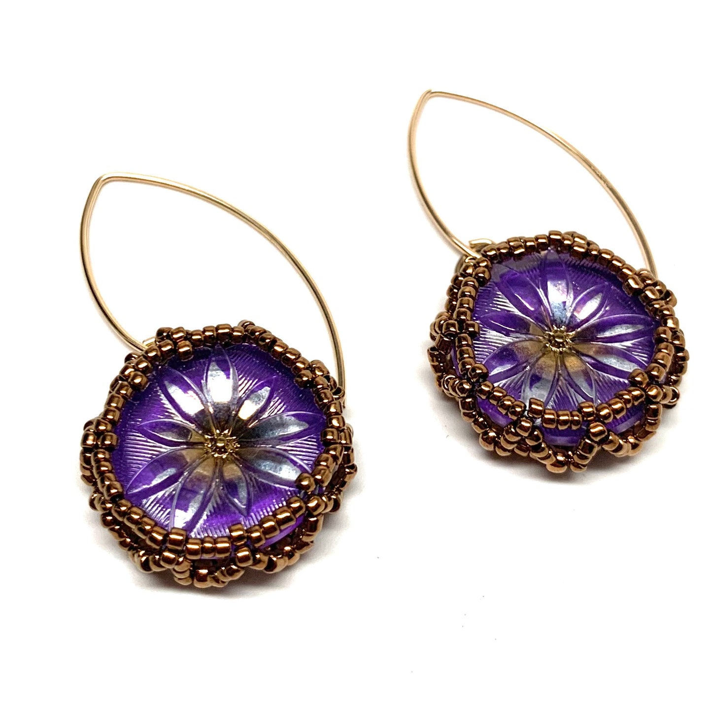 Vintage Czech Button Earrings | Lotus | Purple with Gold