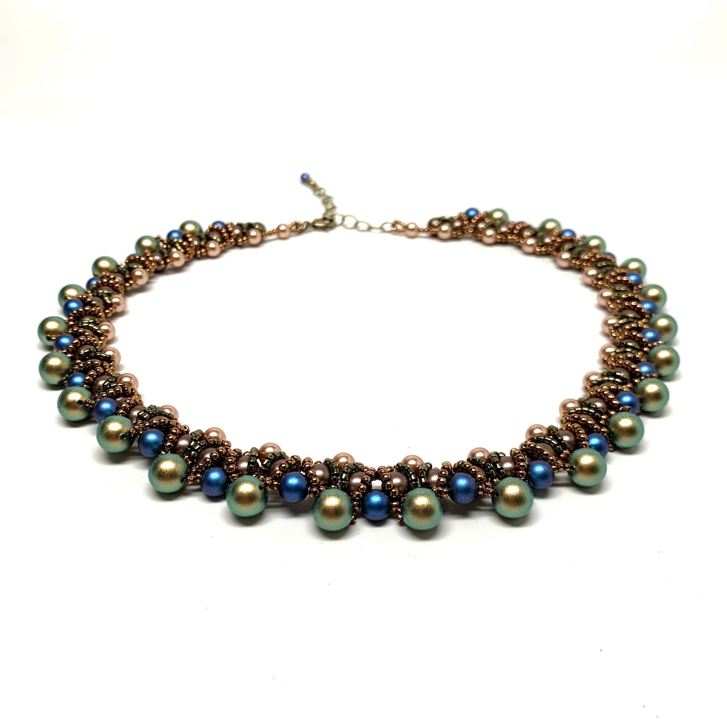 Handwoven Pearl Collar | Green, Blue, Brown & Bronze