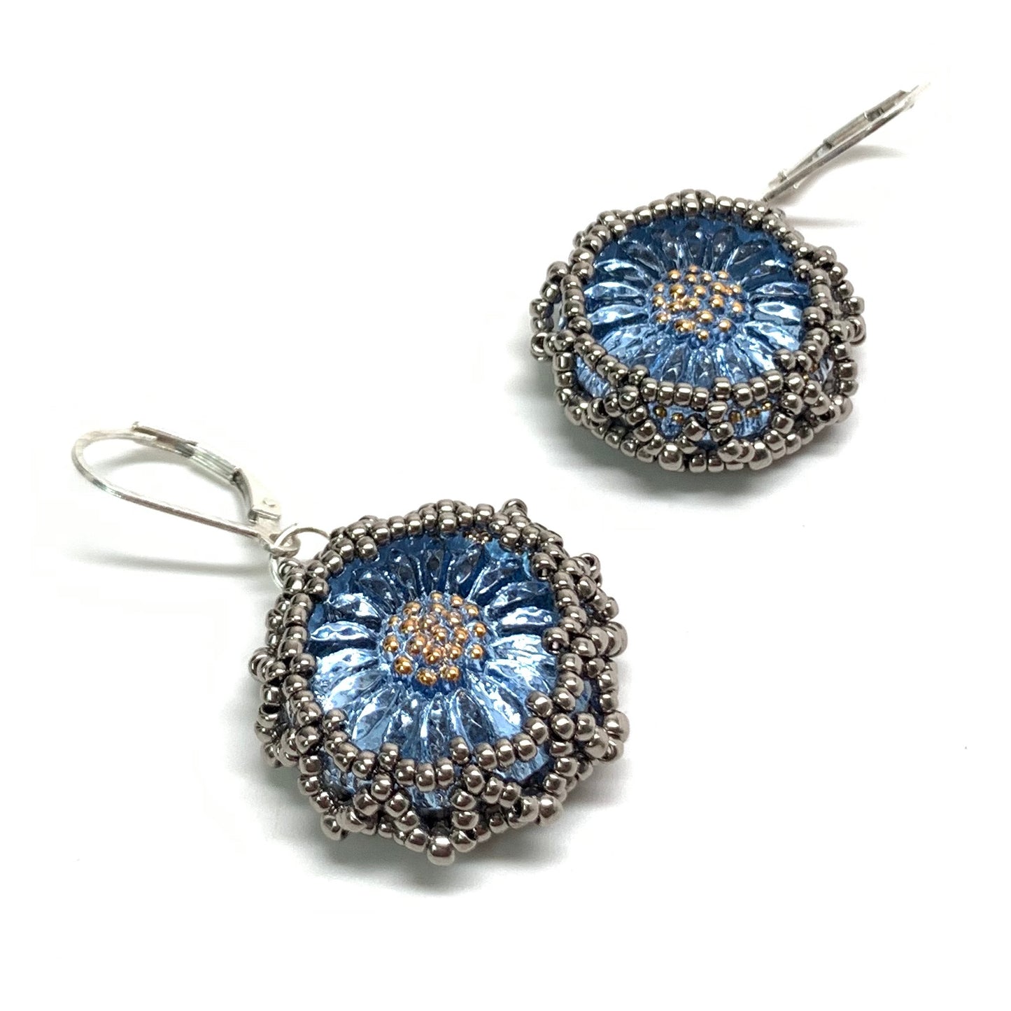 Vintage Style Czech Button Earring | Daisy Pattern | Light Sapphire