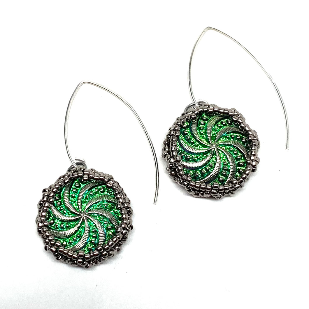 Vintage Style Czech Button Earrings | Pinwheel | Vitrail with Silver