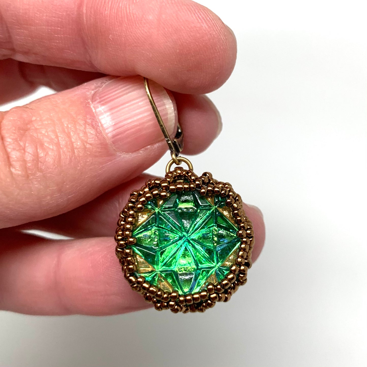 Vintage Czech Button Earring | Cut Green Star