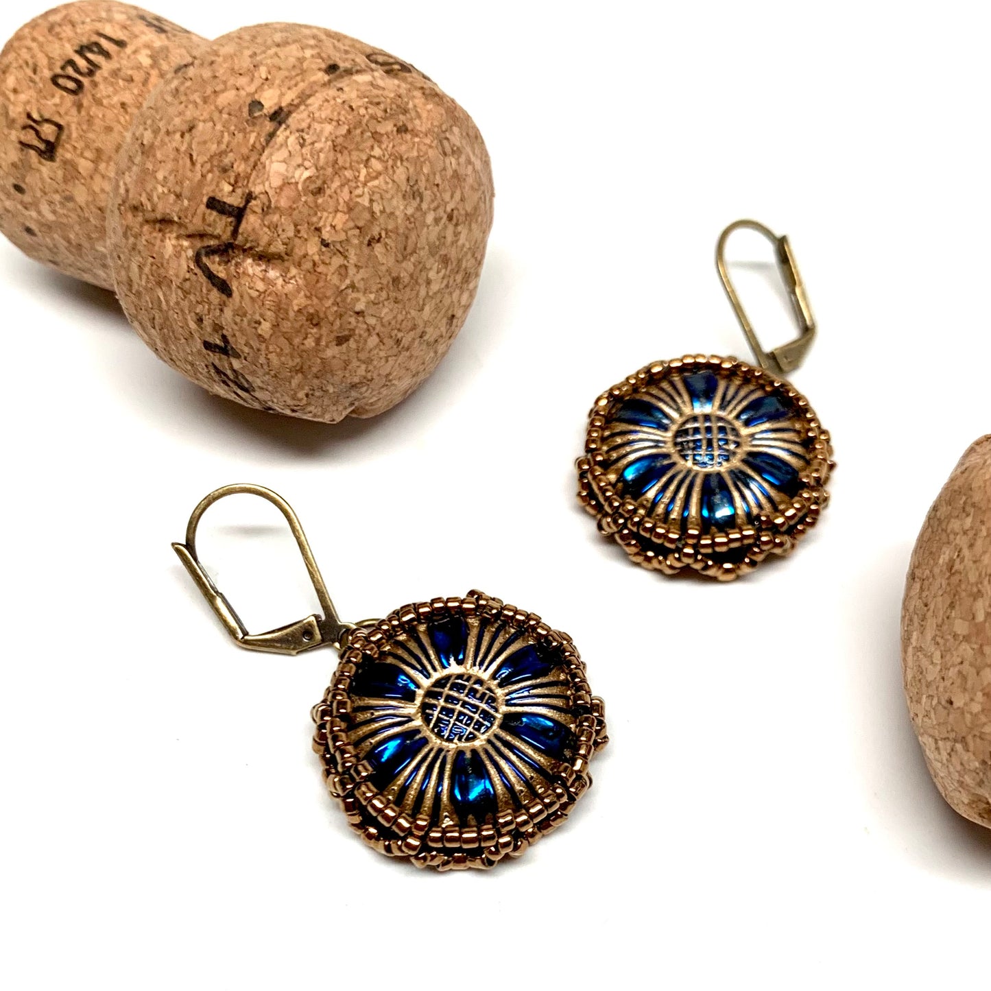 Vintage Style Czech Button Earrings | Deep Indigo Daisy