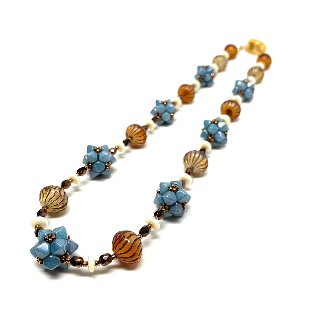 Geometric Beaded Bead Necklace - Warm Blue & Tan Mix