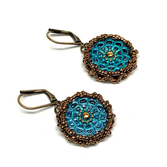 Mandala Pattern Czech Button Earring | Turquoise with Gold Accent