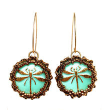 Load image into Gallery viewer, Vintage Style Czech Button Earrings | Dragonfly | Green
