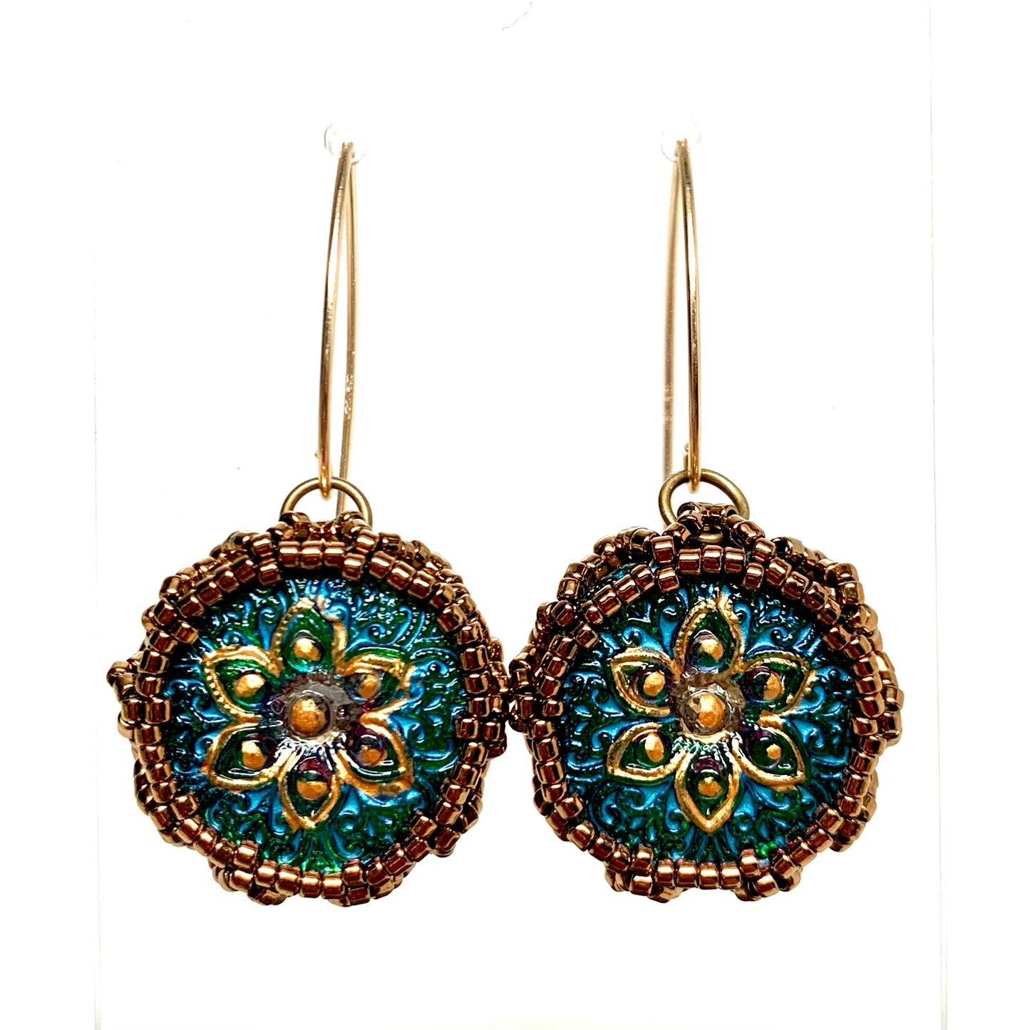 Vintage Style Czech Button Earrings | Persian Star Dark Iridescent