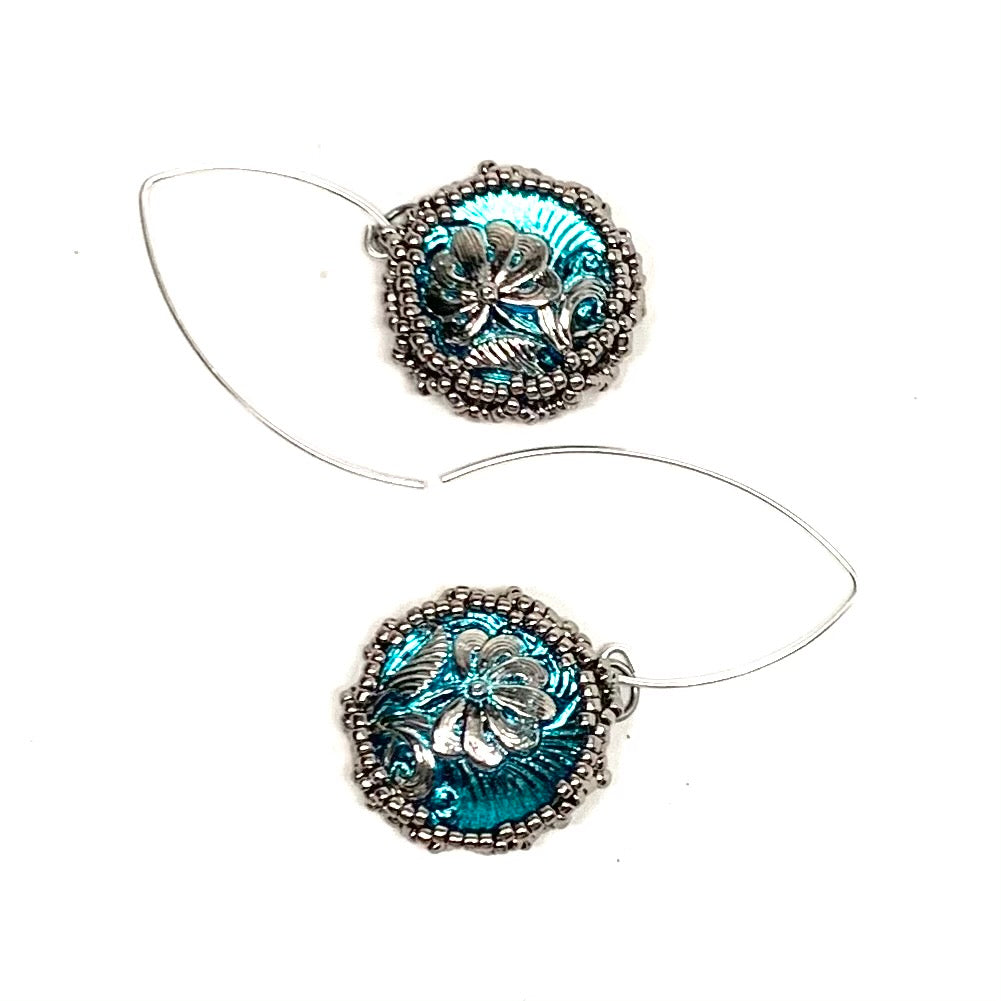 Vintage Czech Button Earrings | Pincushion Flower | Sky Blue