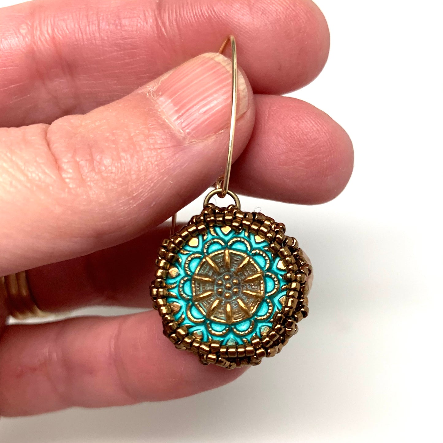Vintage Style Czech Button Earrings | Mandala Pattern | Matte Turquoise