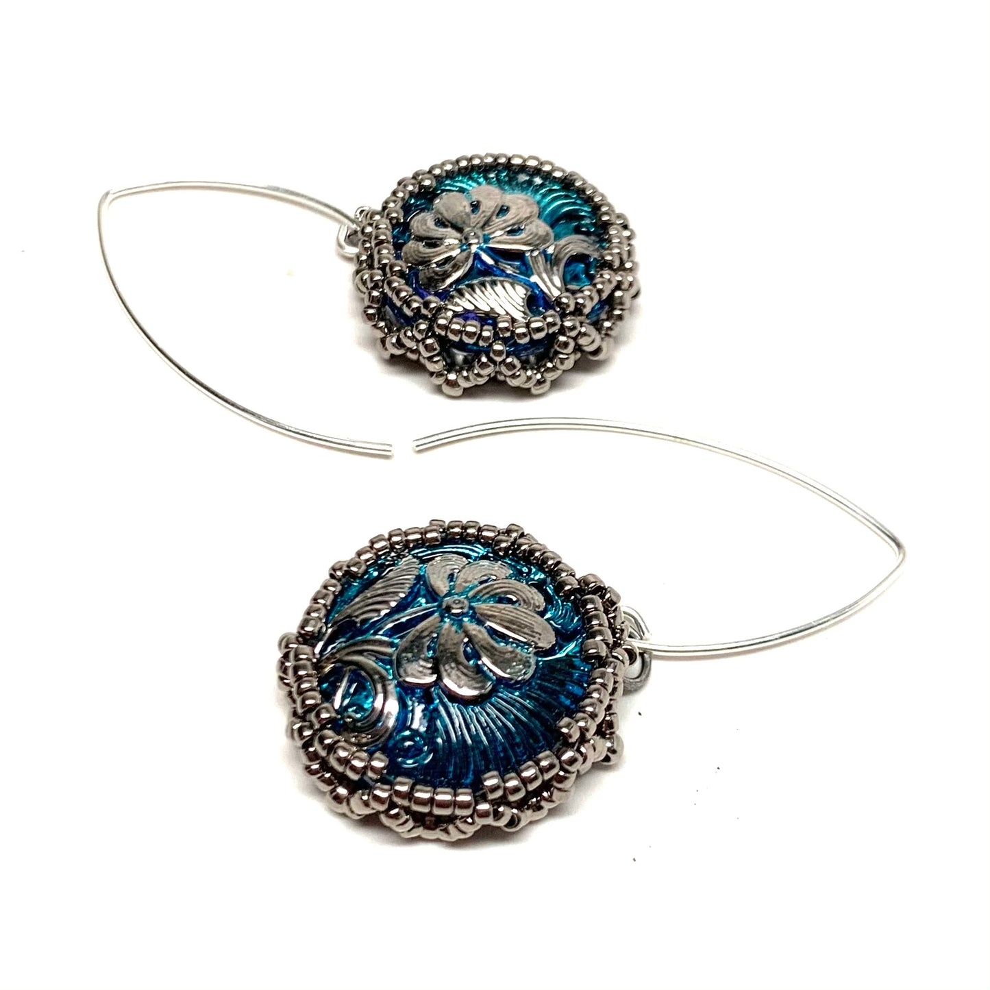 Vintage Czech Button Earrings | Pincushion Flower | Sky Blue