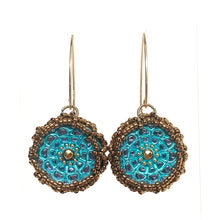 Load image into Gallery viewer, Mandala Pattern Czech Button Earring | Turquoise with Gold Accent
