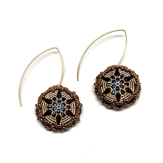 Vintage Style Czech Button Earrings | Arabian Star | Gold and Cobalt