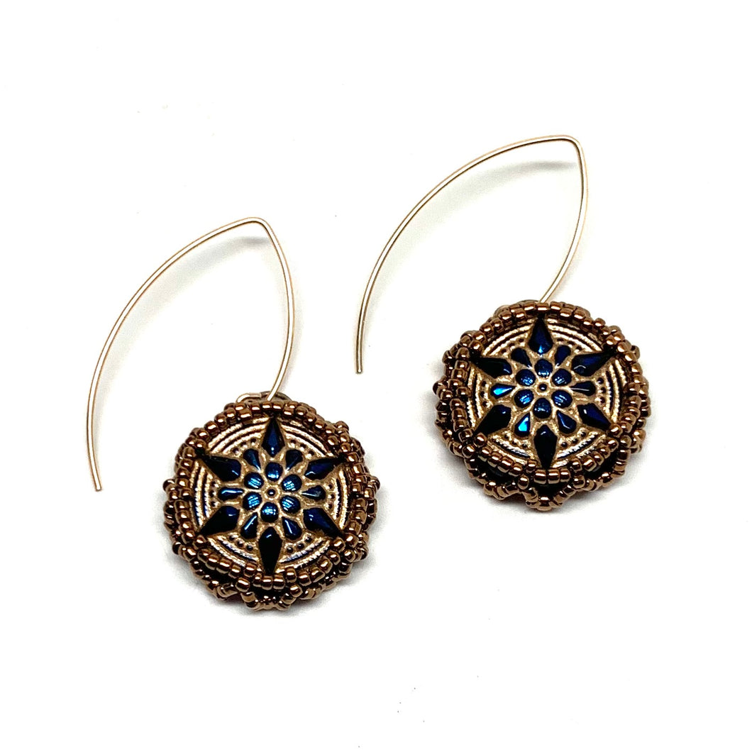 Vintage Czech Button Earrings | Arabian Star | Gold and Cobalt