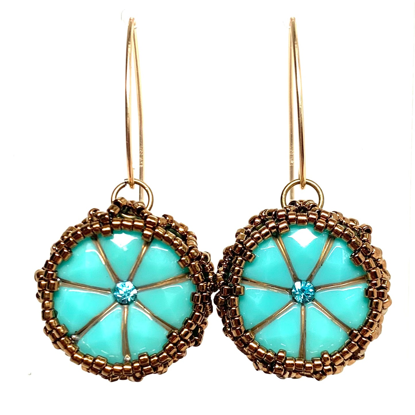 Vintage Style Czech Button Earrings | Turquoise with Rhinestone