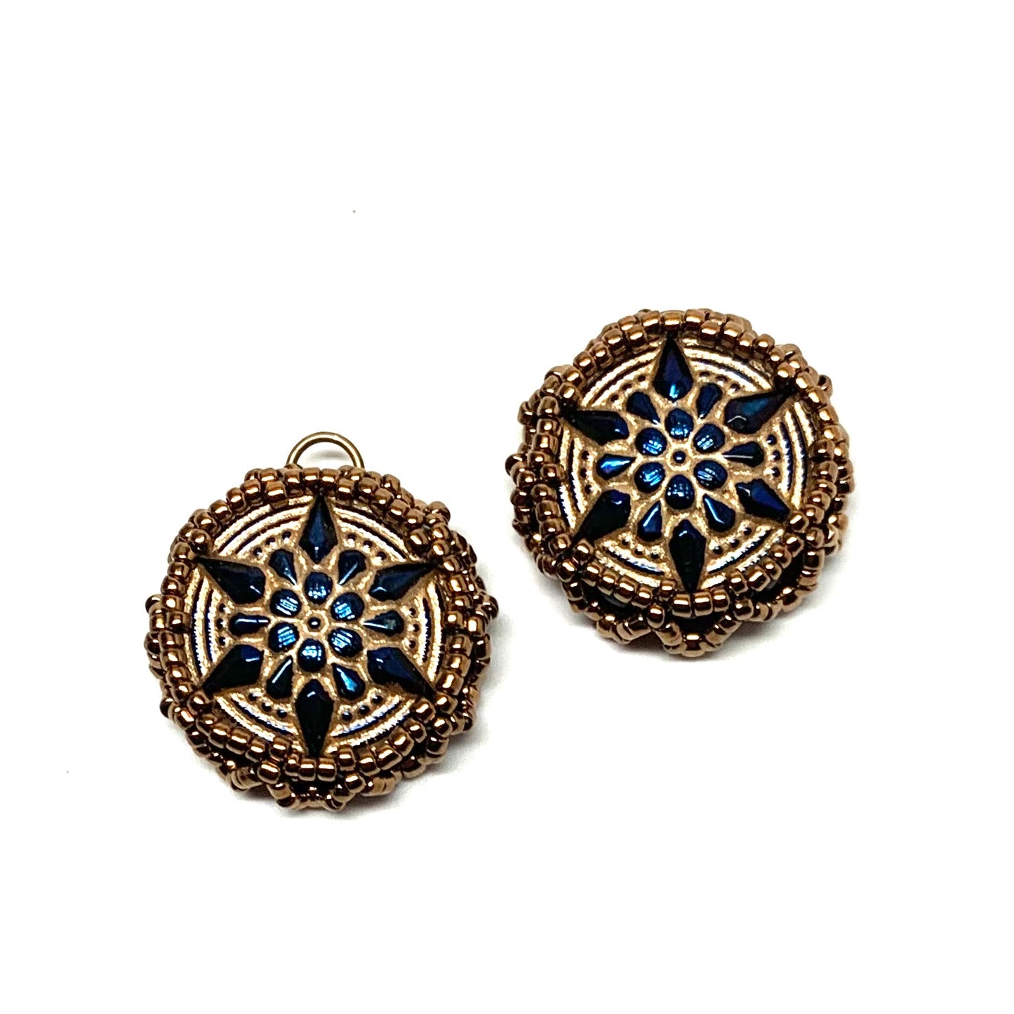 Vintage Style Czech Button Earrings | Arabian Star | Gold and Cobalt