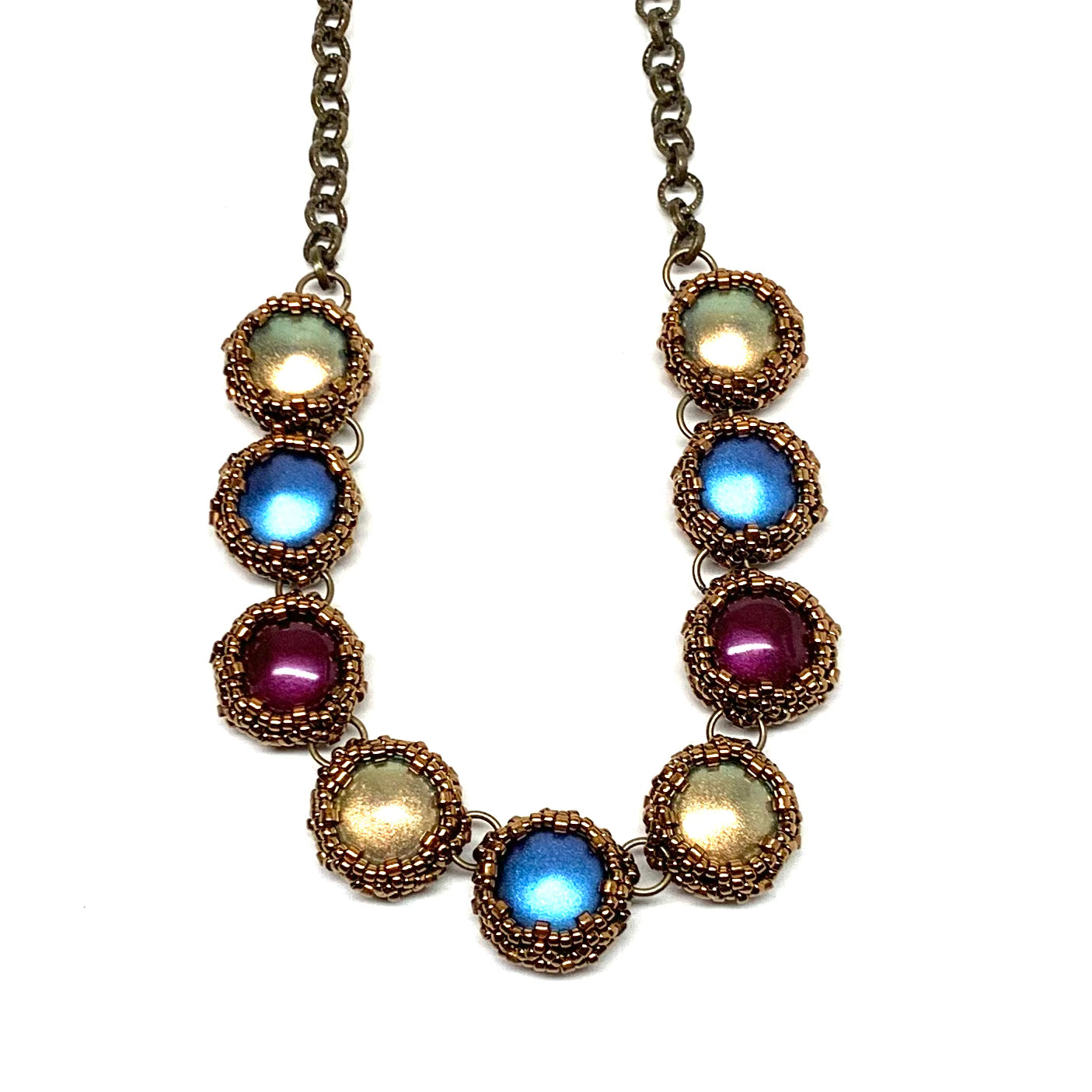 Bezel Set European Glass 9 Pearl Necklace | Rich Jewel Tones
