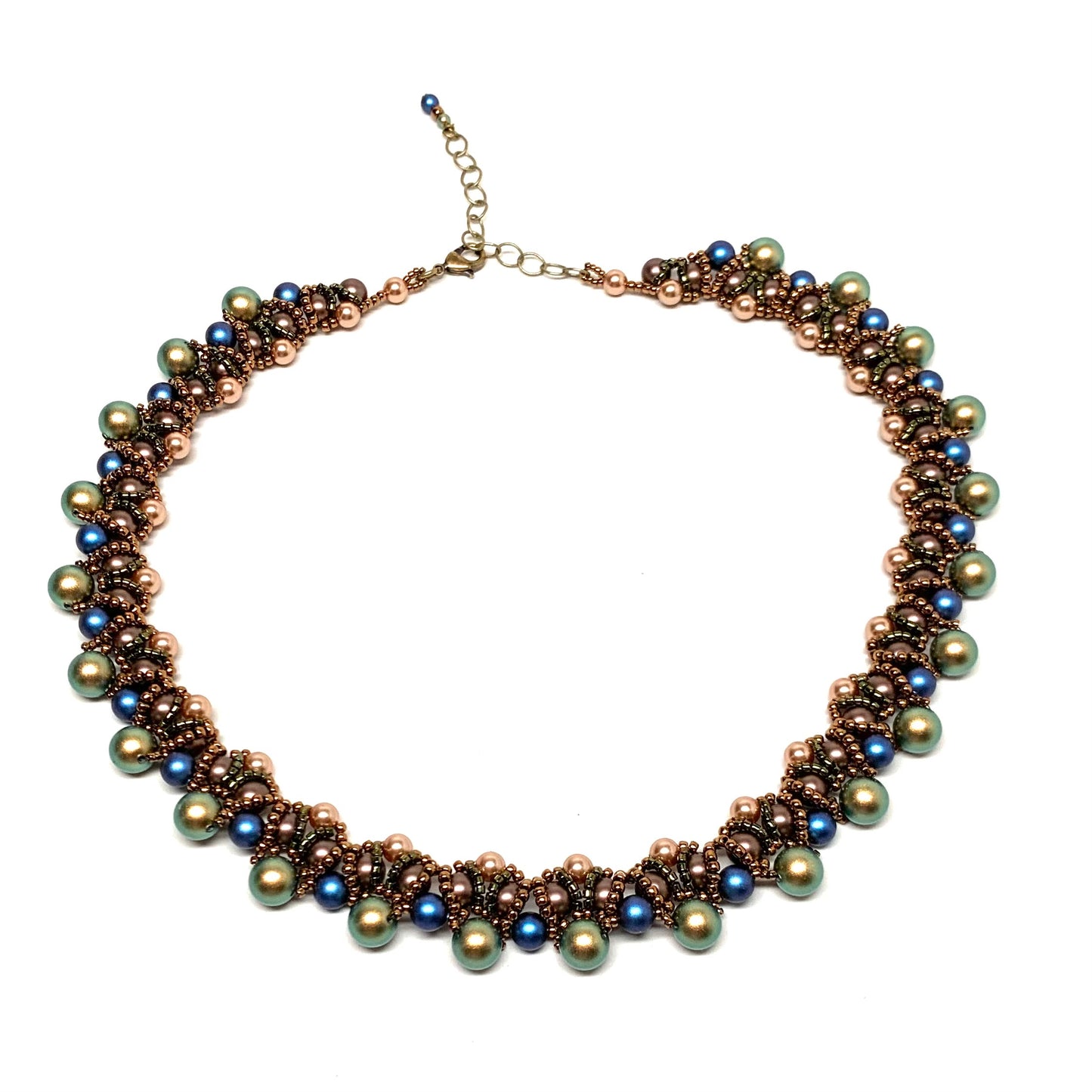 Handwoven Pearl Collar | Green, Blue, Brown & Bronze