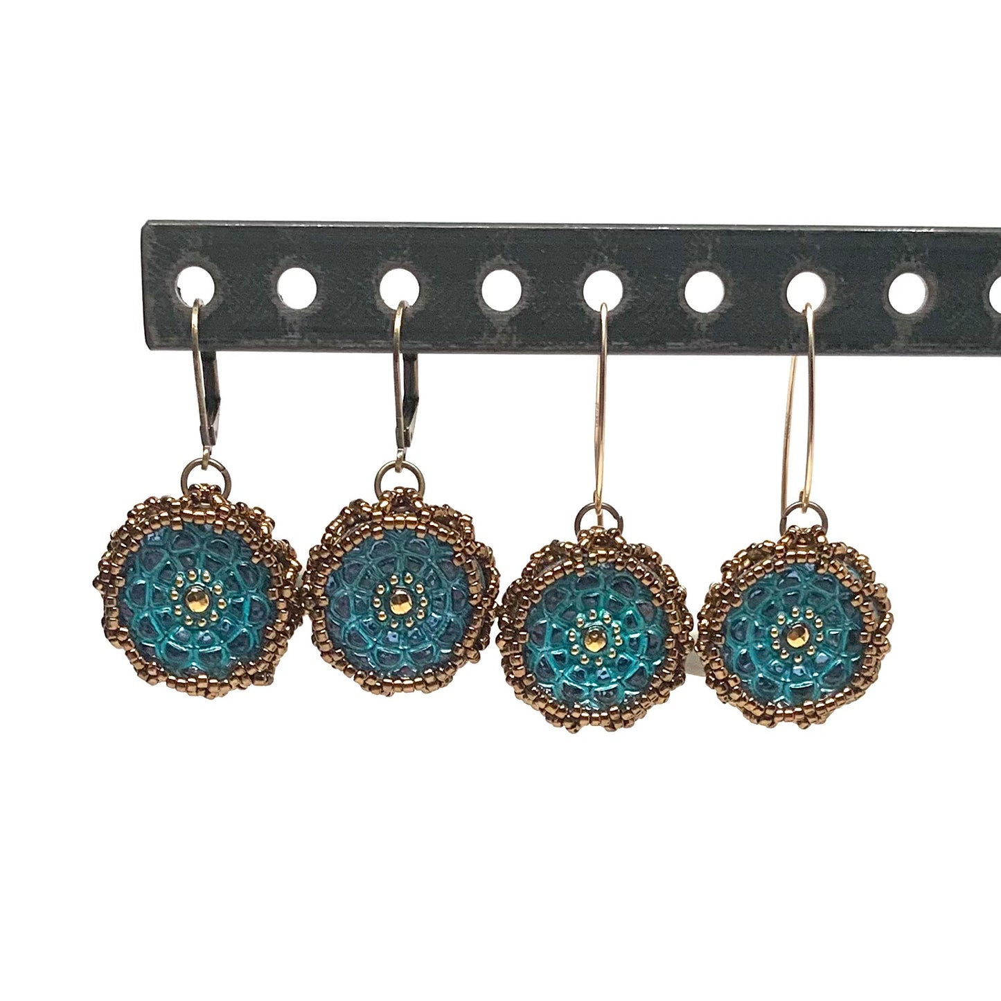 Mandala Pattern Czech Button Earring | Turquoise with Gold Accent