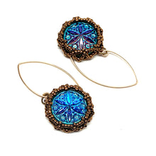Load image into Gallery viewer, Vintage Czech Button Earrings | Star Flower | Vitrail with Turquoise Wash
