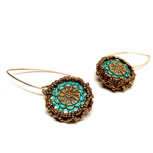 Load image into Gallery viewer, Vintage Style Czech Button Earrings | Mandala Pattern | Matte Turquoise
