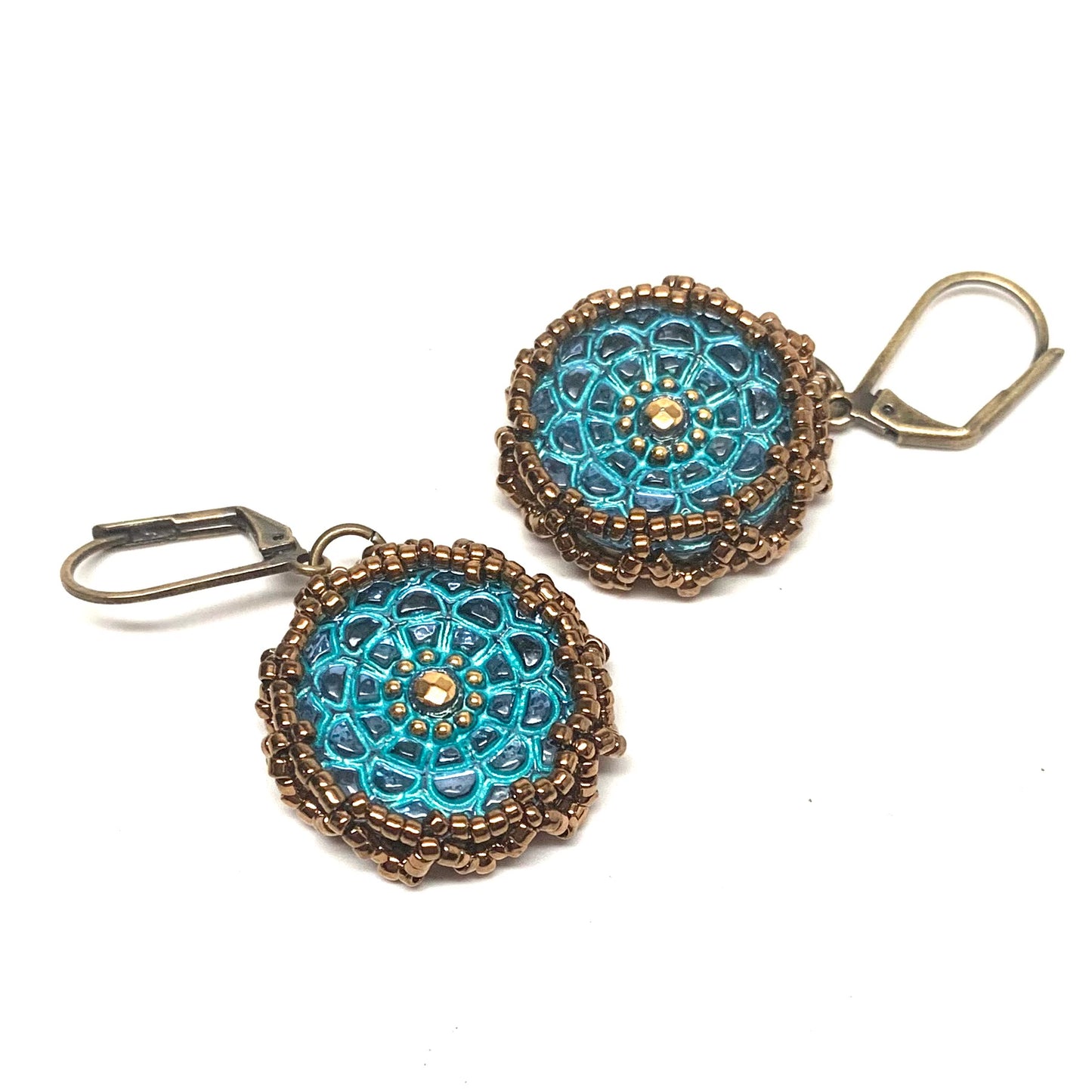 Mandala Pattern Czech Button Earring | Turquoise with Gold Accent